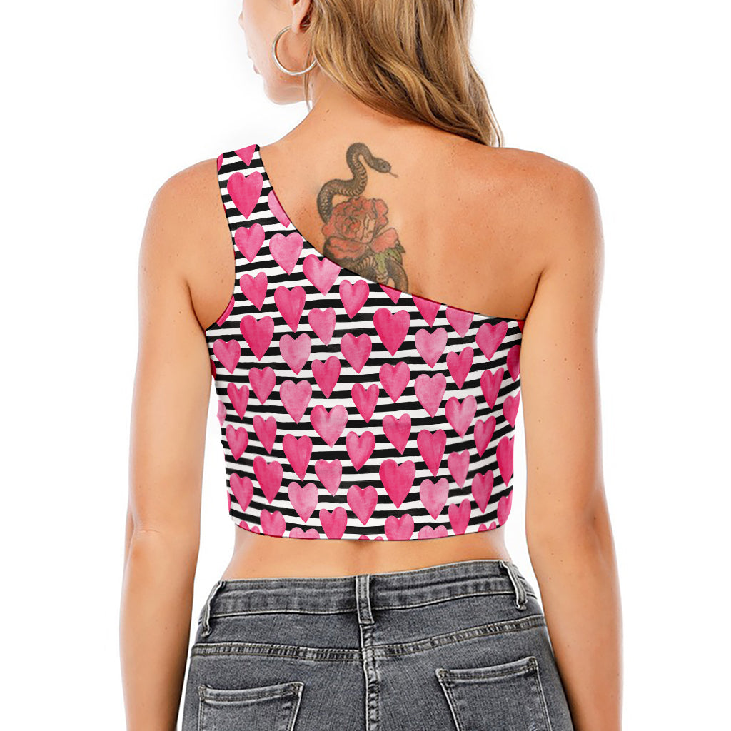 Black And White Striped Heart Print One Shoulder Crop Top