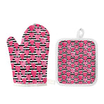 Black And White Striped Heart Print Oven Mitt And Pot Holder Set