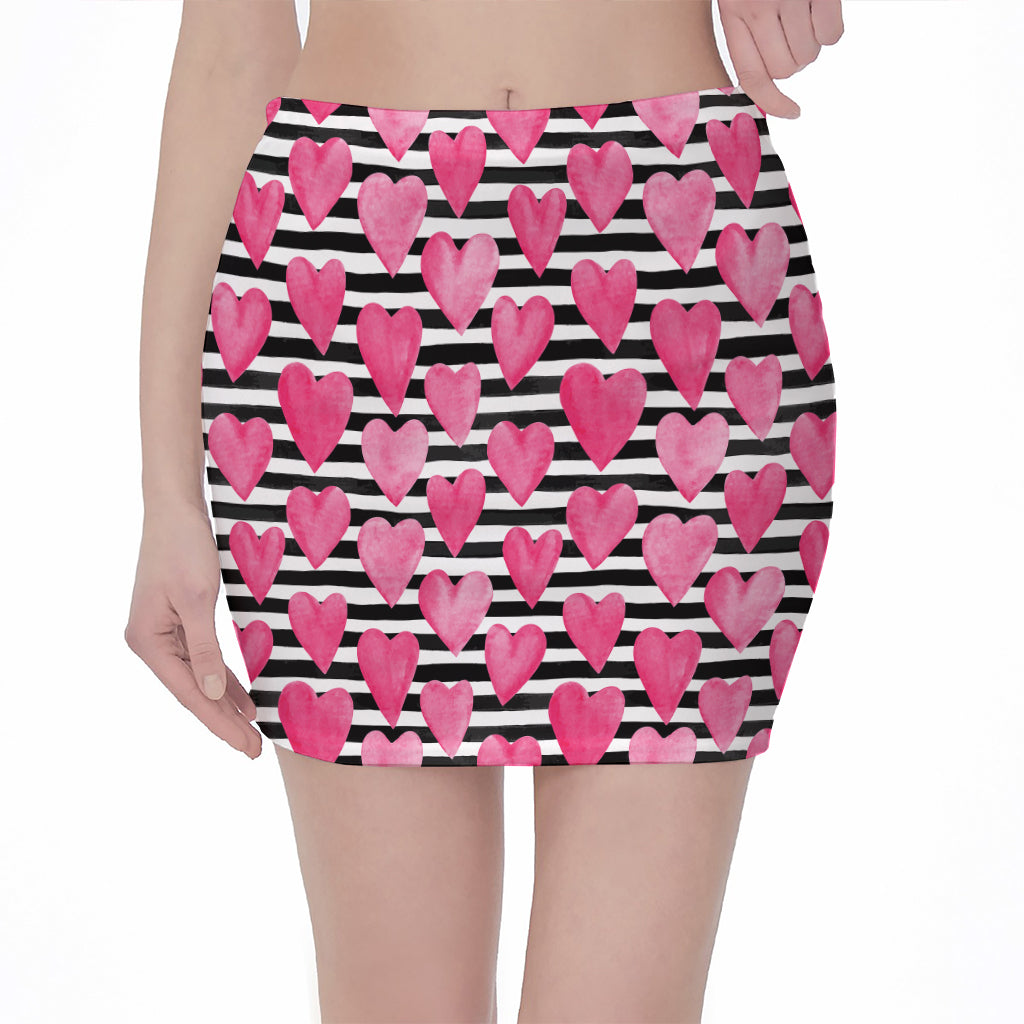 Black And White Striped Heart Print Pencil Mini Skirt