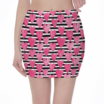 Black And White Striped Heart Print Pencil Mini Skirt
