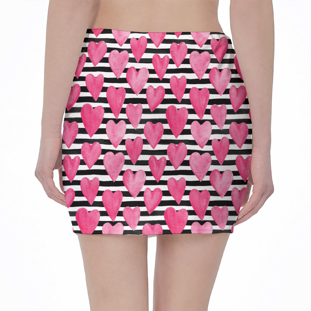 Black And White Striped Heart Print Pencil Mini Skirt