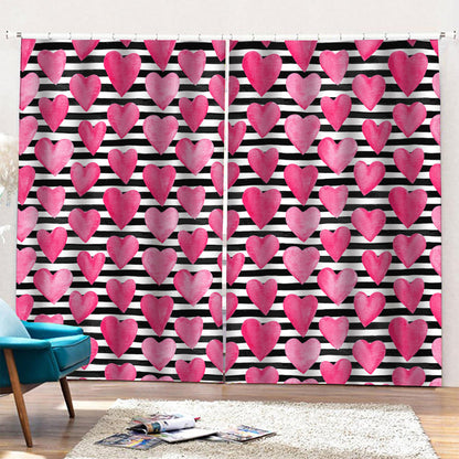 Black And White Striped Heart Print Pencil Pleat Curtains