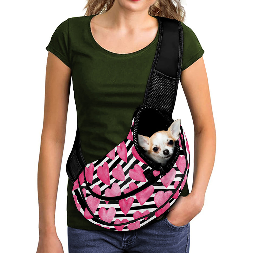 Black And White Striped Heart Print Pet Sling Carrier
