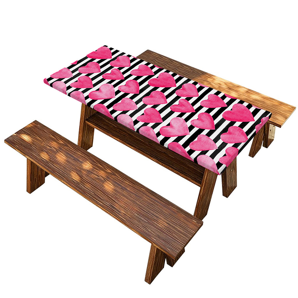 Black And White Striped Heart Print Picnic Table Cover