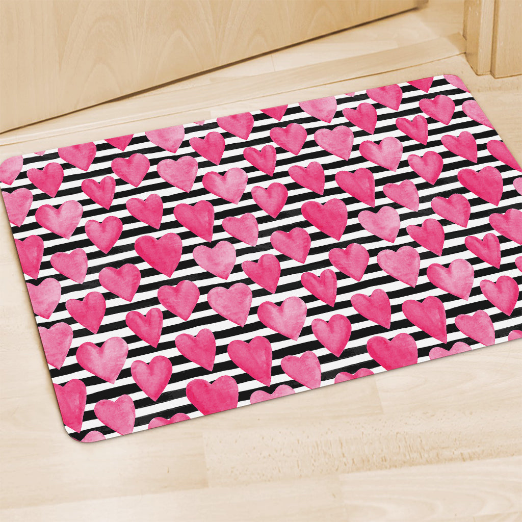 Black And White Striped Heart Print Polyester Doormat