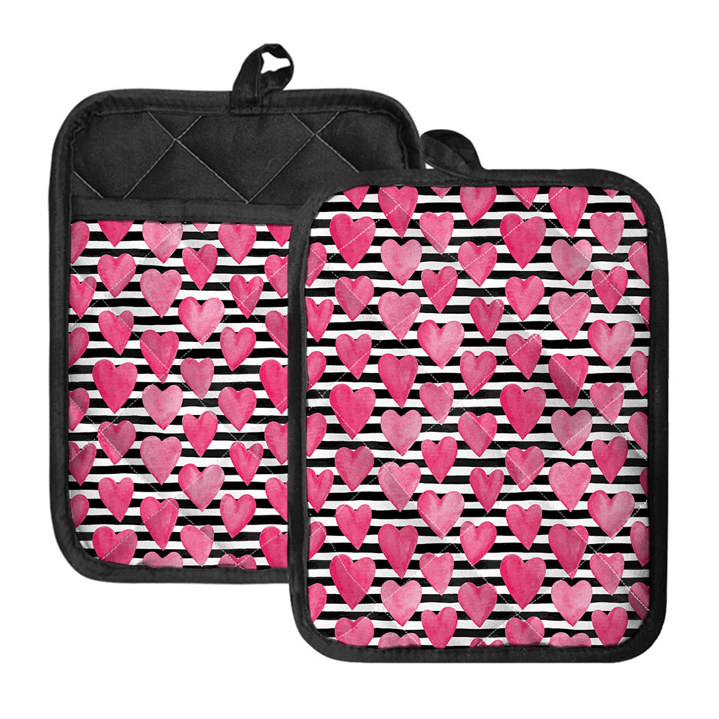 Black And White Striped Heart Print Pot Holders With Pocket