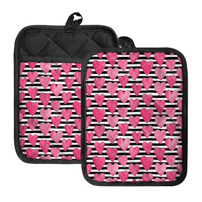 Black And White Striped Heart Print Pot Holders With Pocket