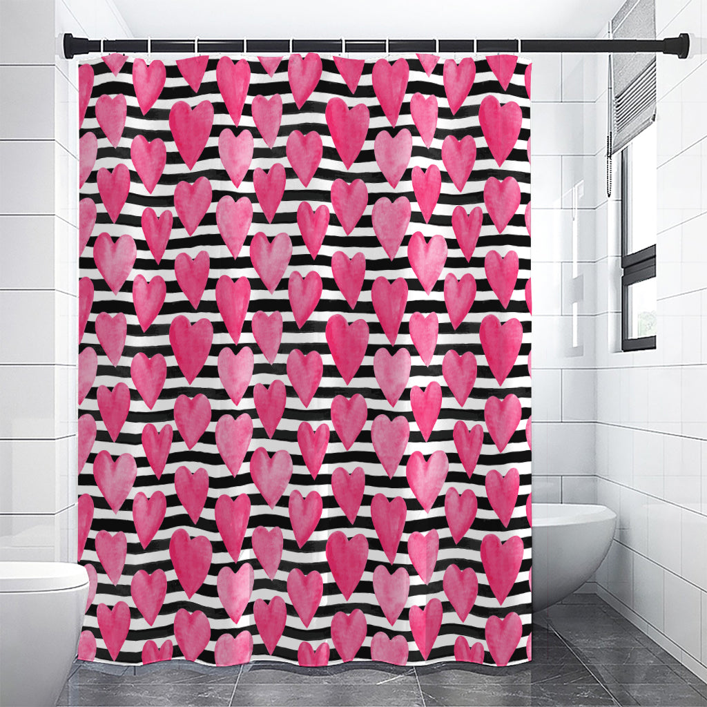 Black And White Striped Heart Print Premium Shower Curtain