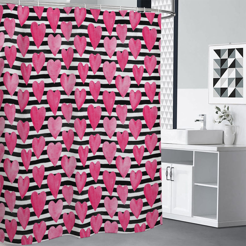 Black And White Striped Heart Print Premium Shower Curtain