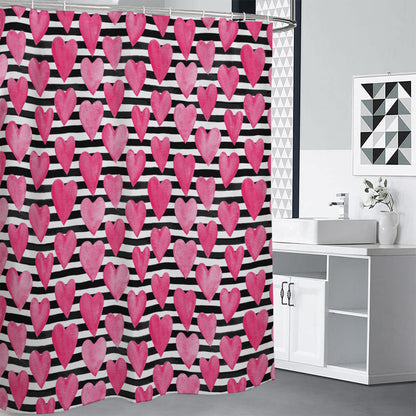 Black And White Striped Heart Print Premium Shower Curtain