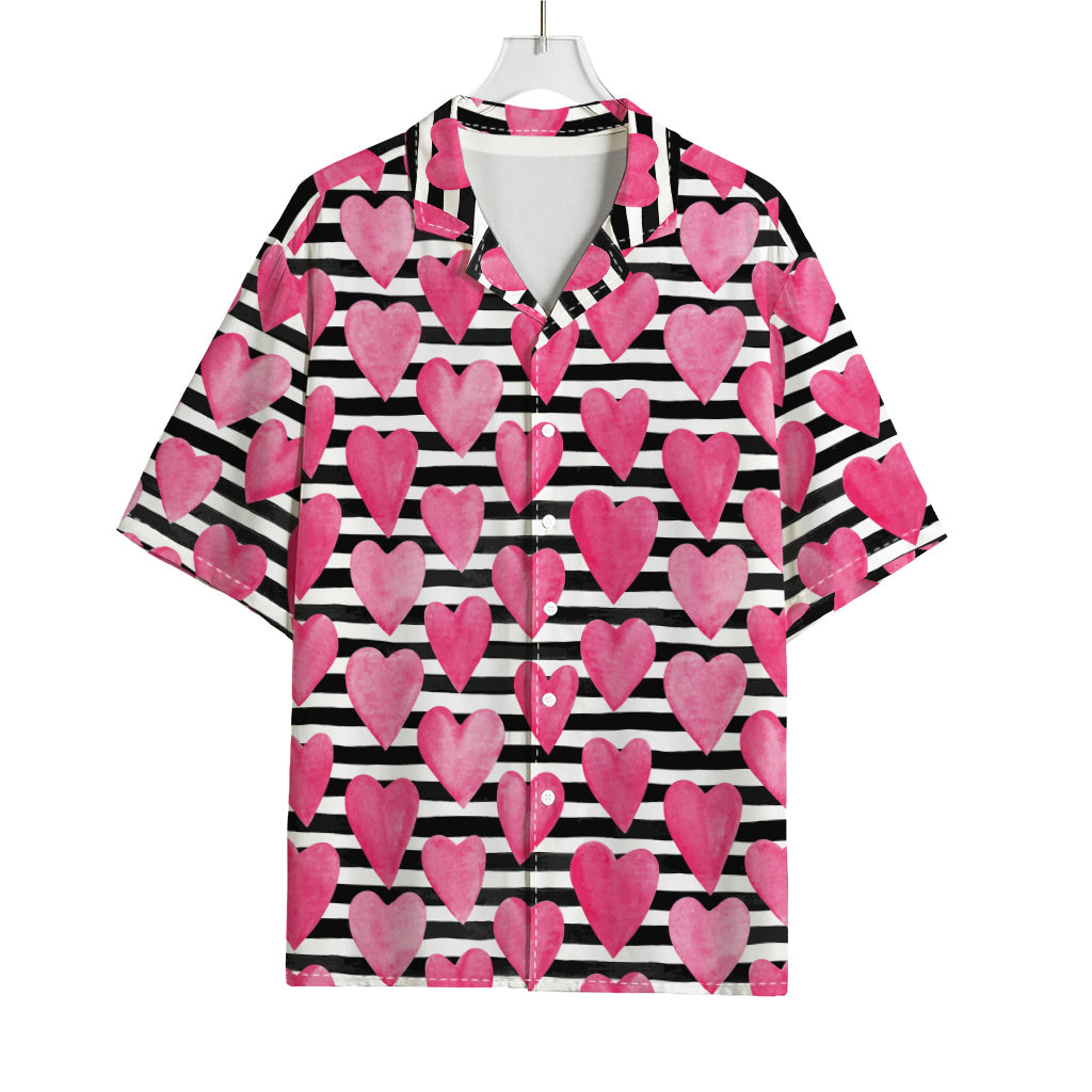 Black And White Striped Heart Print Rayon Hawaiian Shirt