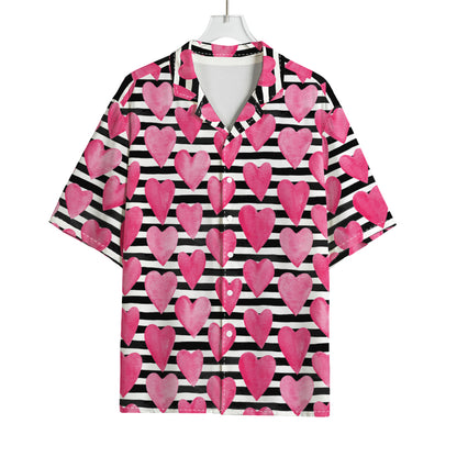 Black And White Striped Heart Print Rayon Hawaiian Shirt