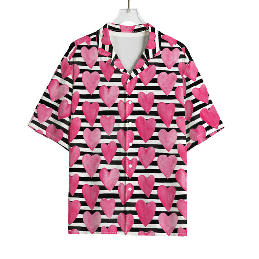 Black And White Striped Heart Print Rayon Hawaiian Shirt