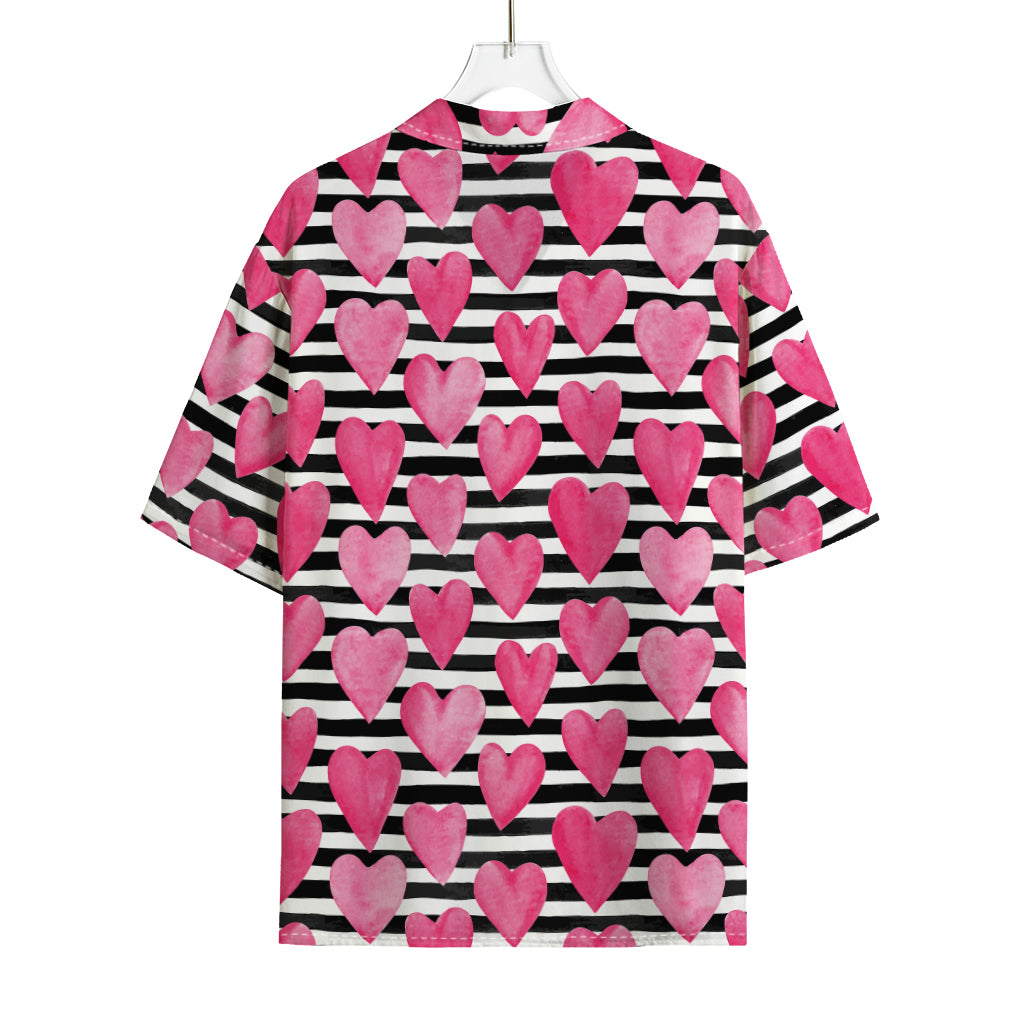 Black And White Striped Heart Print Rayon Hawaiian Shirt