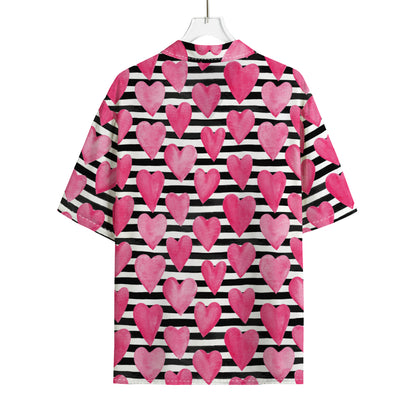 Black And White Striped Heart Print Rayon Hawaiian Shirt