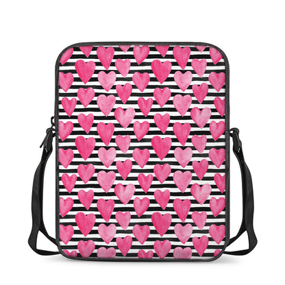 Black And White Striped Heart Print Rectangular Crossbody Bag