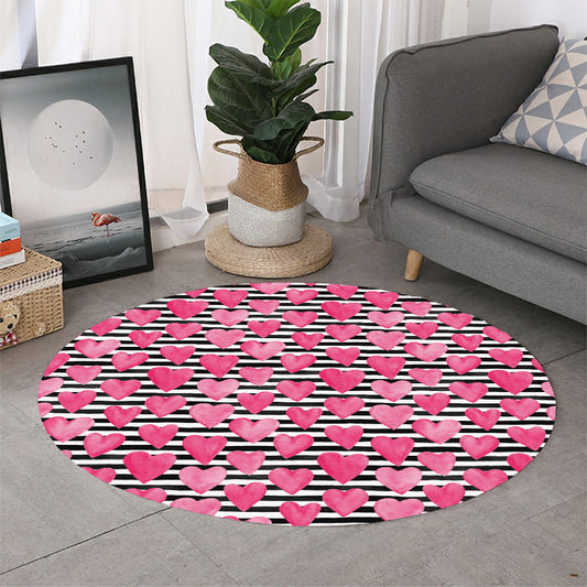 Black And White Striped Heart Print Round Rug