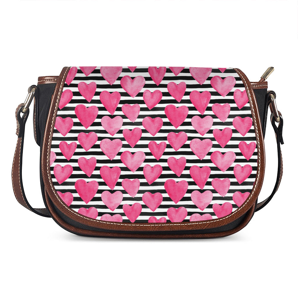 Black And White Striped Heart Print Saddle Bag