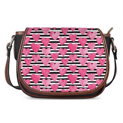 Black And White Striped Heart Print Saddle Bag