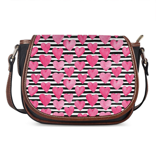 Black And White Striped Heart Print Saddle Bag
