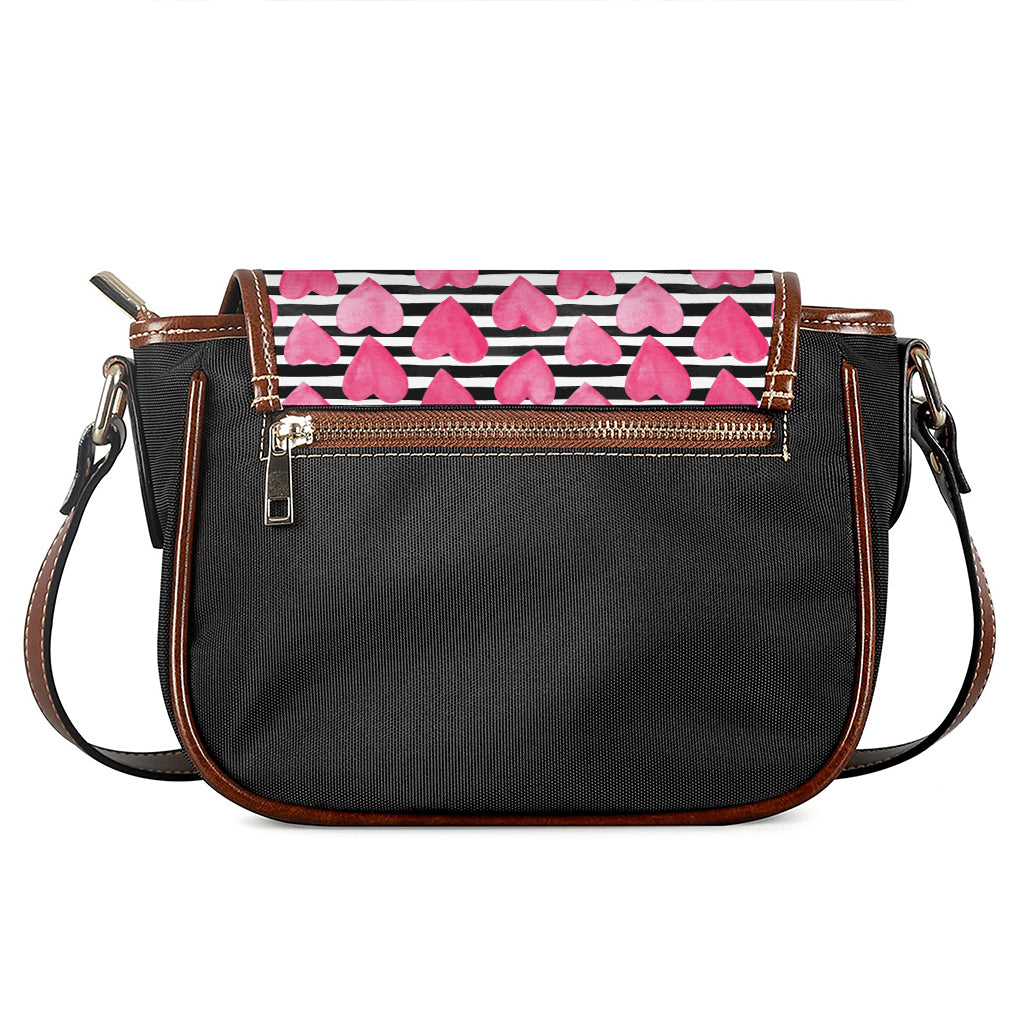 Black And White Striped Heart Print Saddle Bag