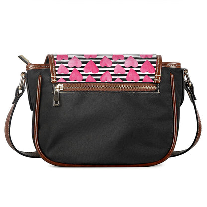 Black And White Striped Heart Print Saddle Bag
