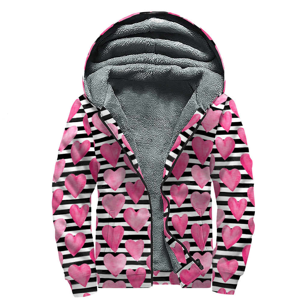 Black And White Striped Heart Print Sherpa Lined Zip Up Hoodie