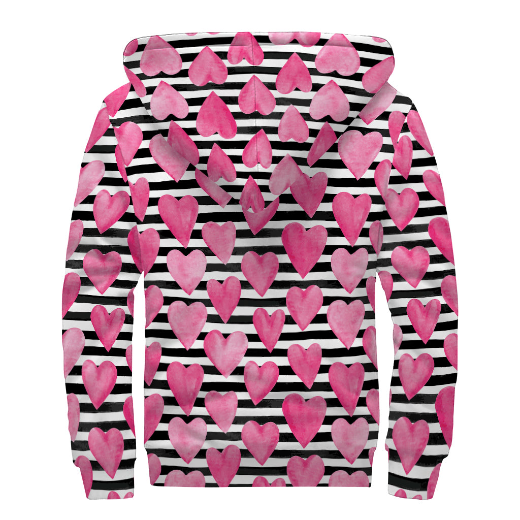 Black And White Striped Heart Print Sherpa Lined Zip Up Hoodie