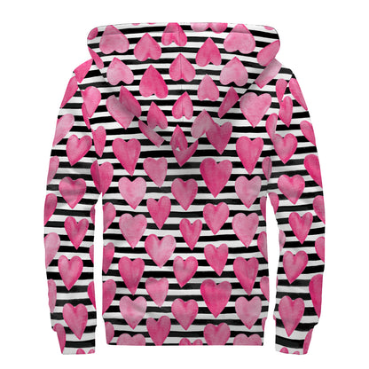 Black And White Striped Heart Print Sherpa Lined Zip Up Hoodie