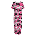 Black And White Striped Heart Print Short Sleeve Long Nightdress