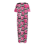 Black And White Striped Heart Print Short Sleeve Long Nightdress