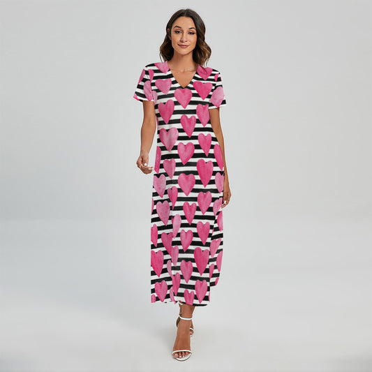 Black And White Striped Heart Print Short Sleeve Maxi Dress