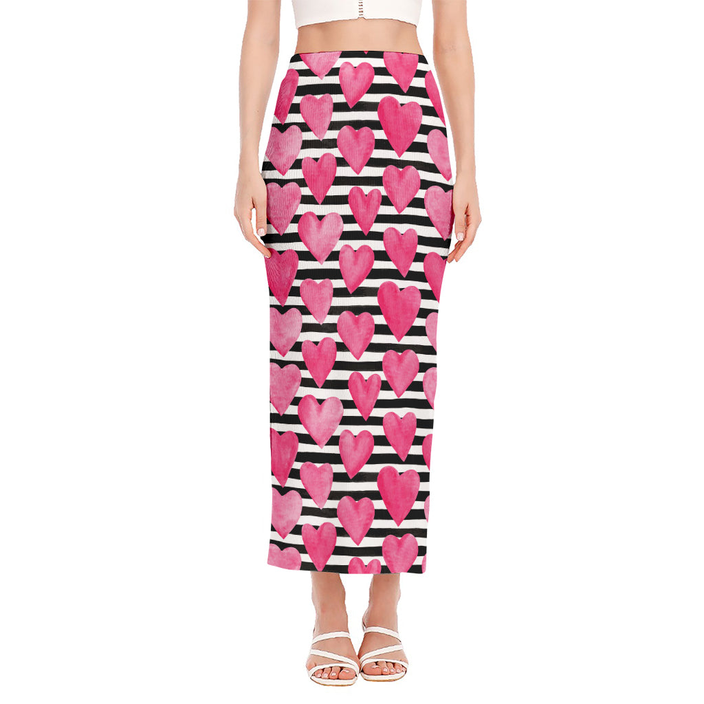 Black And White Striped Heart Print Side Slit Maxi Skirt
