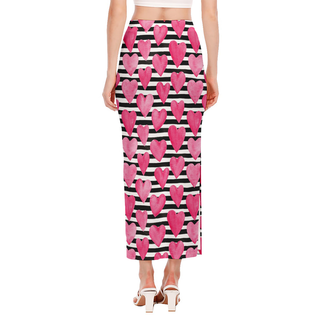 Black And White Striped Heart Print Side Slit Maxi Skirt
