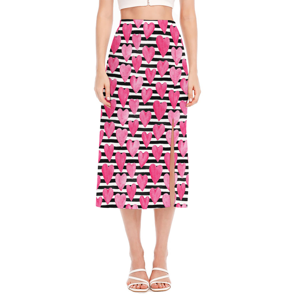Black And White Striped Heart Print Side Slit Midi Skirt