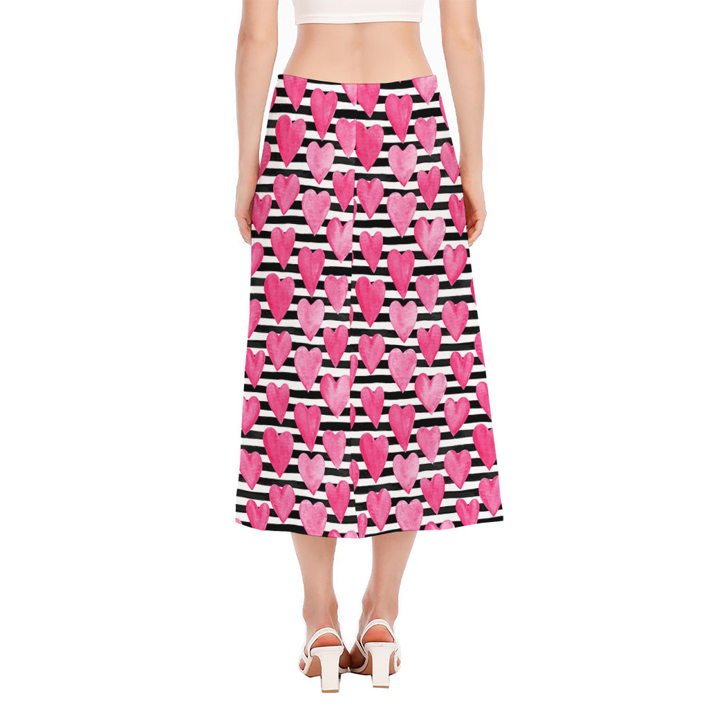 Black And White Striped Heart Print Side Slit Midi Skirt