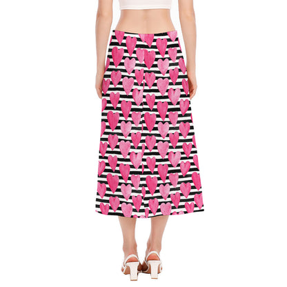 Black And White Striped Heart Print Side Slit Midi Skirt