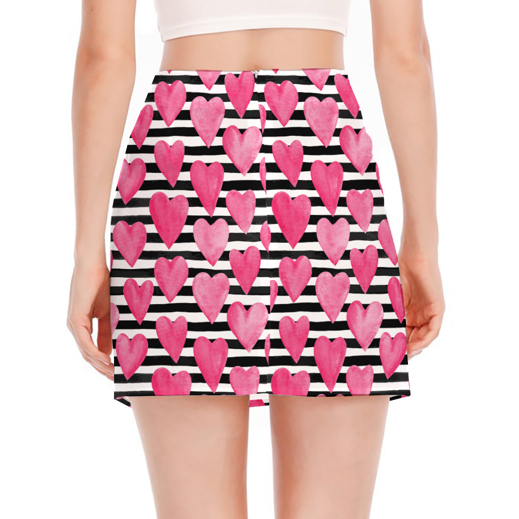 Black And White Striped Heart Print Side Slit Mini Skirt