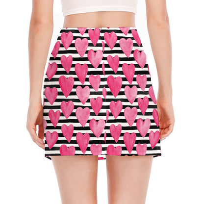 Black And White Striped Heart Print Side Slit Mini Skirt