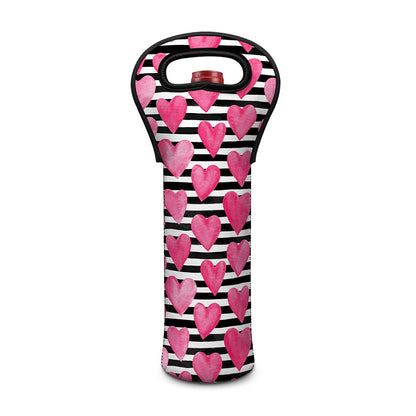 Black And White Striped Heart Print Single Neoprene Wine Tote