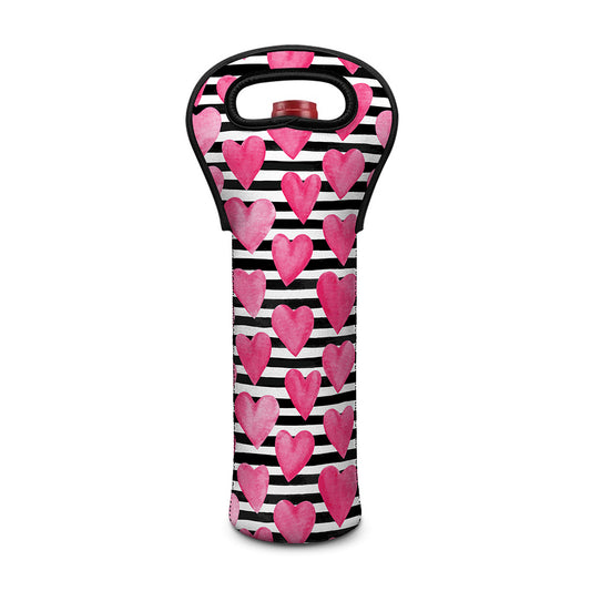 Black And White Striped Heart Print Single Neoprene Wine Tote