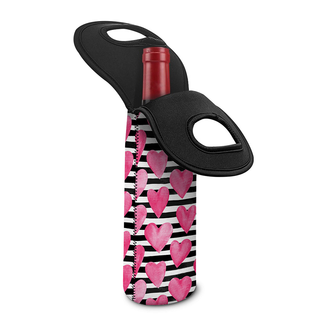 Black And White Striped Heart Print Single Neoprene Wine Tote