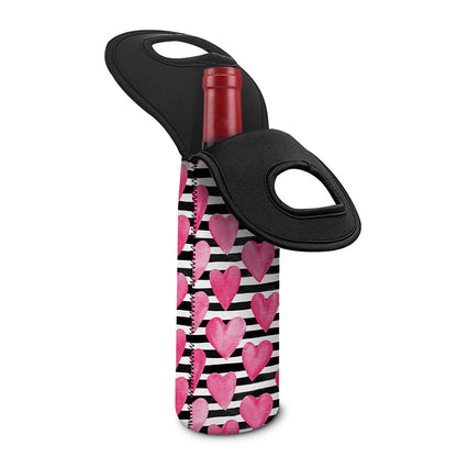 Black And White Striped Heart Print Single Neoprene Wine Tote