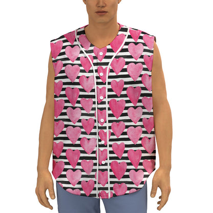 Black And White Striped Heart Print Sleeveless Baseball Jersey