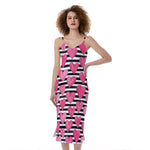 Black And White Striped Heart Print Slim Fit Midi Cami Dress