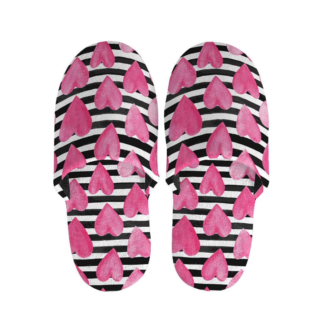 Black And White Striped Heart Print Slippers