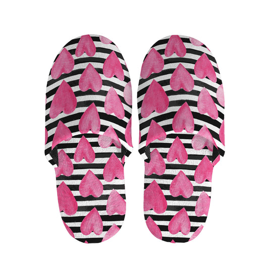 Black And White Striped Heart Print Slippers