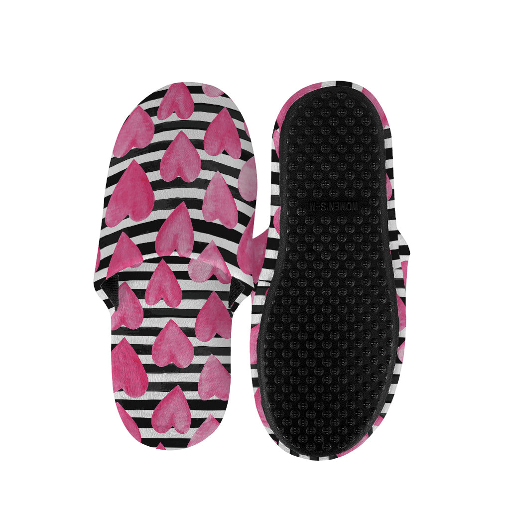 Black And White Striped Heart Print Slippers