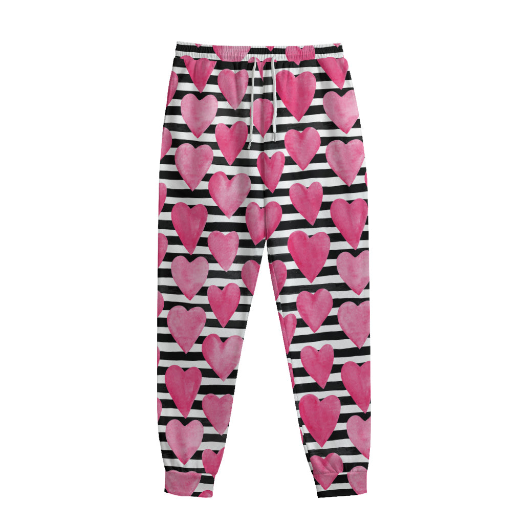 Black And White Striped Heart Print Sweatpants