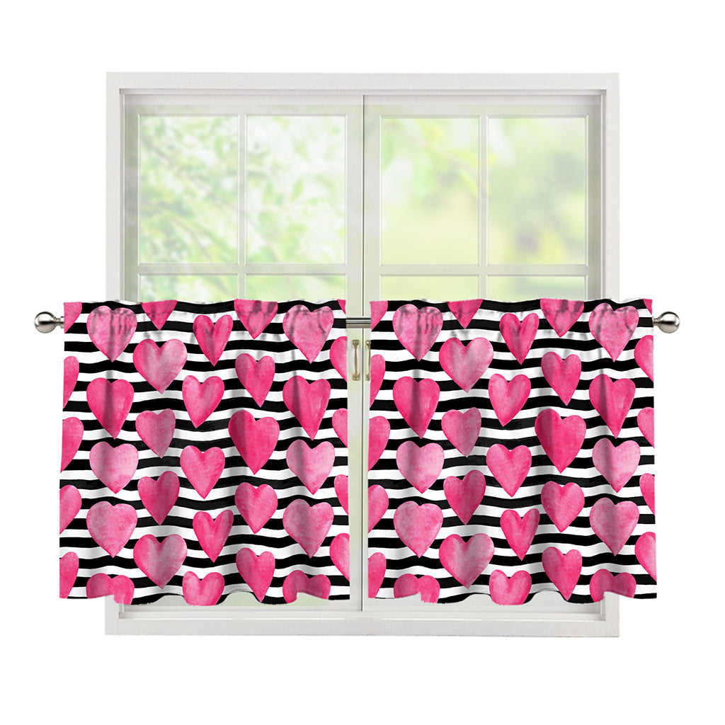 Black And White Striped Heart Print Tier Curtains